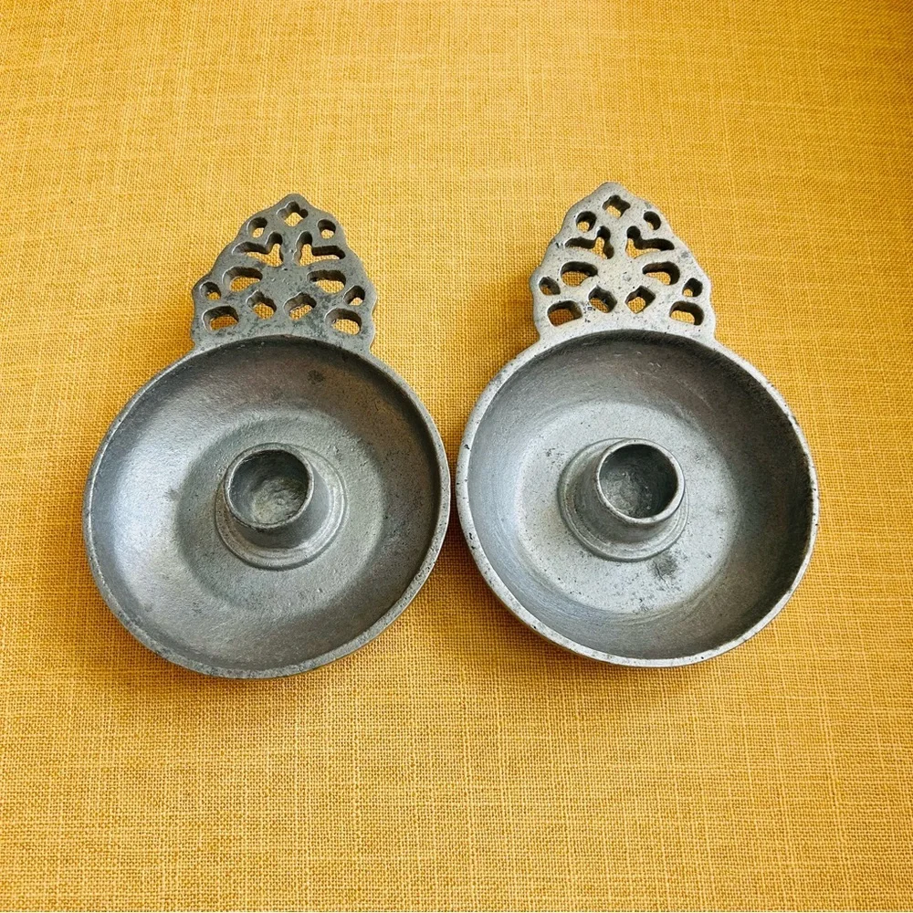 Vintage Porringer Style Pewter Candle Holders colonial Americana